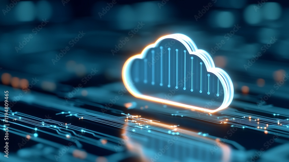 Poster digital cloud icon with data lines representing cloud computing technology in futuristic background