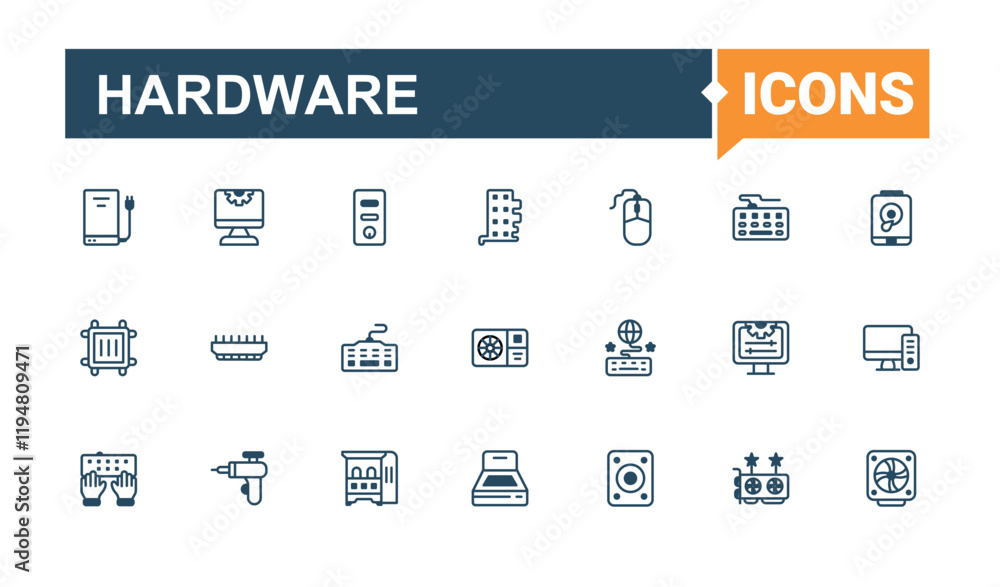 Poster hardware line icons set. includes icons for card, smart, camera, mouse, component, computer, gadget,
