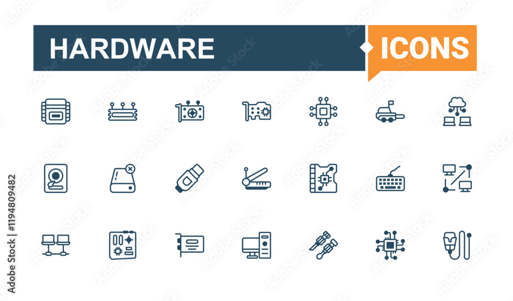 Poster hardware line icons set. includes icons for card, smart, camera, mouse, component, computer, gadget,