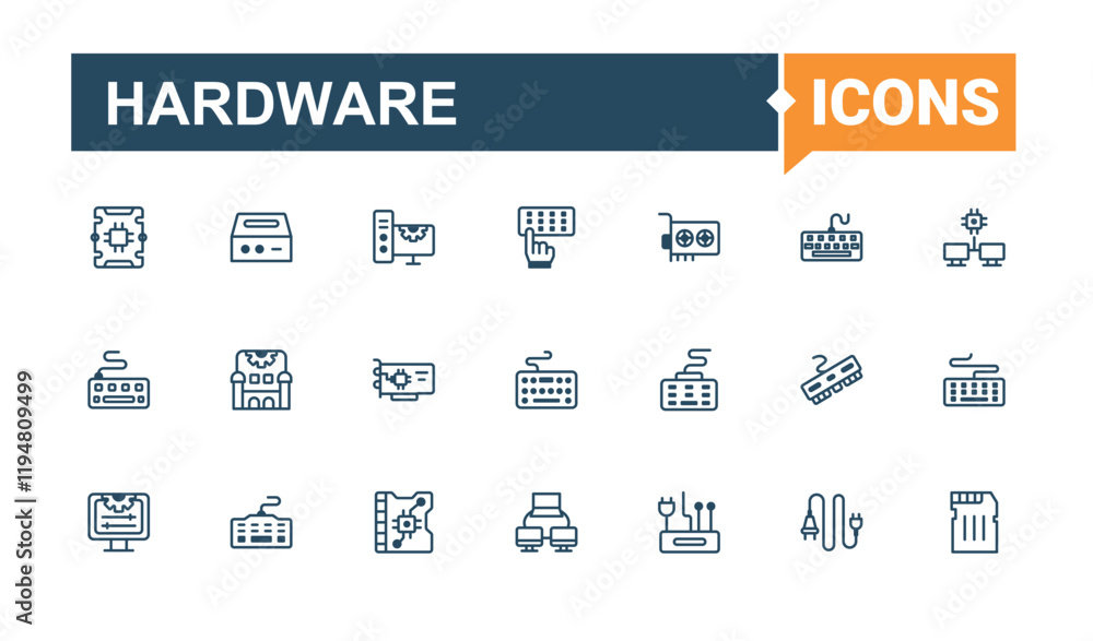 Poster hardware line icons set. includes icons for card, smart, camera, mouse, component, computer, gadget,
