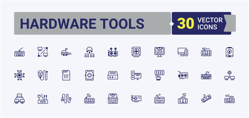 Hardware Tools linear icon collection. Featuring on, keyboard, mouse, web, screen, speaker and more. Collection for mobile and web apps. Vector illustration in modern line style.
