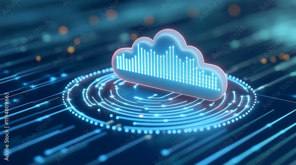 Poster digital cloud icon with data visualization surrounded by glowing lines and particles in a futuristic