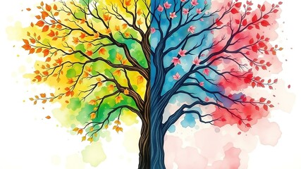 Naklejka premium Watercolor Tree Seasons Illustration with Vibrant Color Transitions