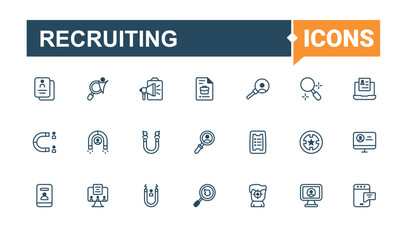 Recruiting icon pack. Containing on, job, human, business, Headhunting, skill, training and more. Flat UI icon design. Vector outline and solid icons collection.