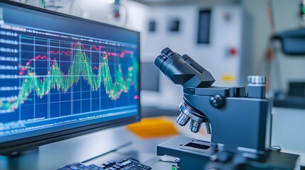 A detailed shot of a polymer material under a microscope, with data analysis charts displayed on a screen to measure its conductive properties in the field of material science. 