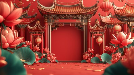 Obraz premium Vibrant Red Chinese Temple with Lotus Flowers and Decorative Lanterns