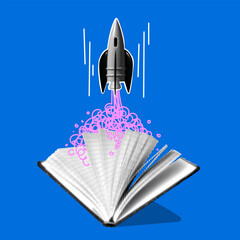 Concept of imagination and creativity. Halftone rocket launches from book. Modern collage. Theme of knowledge, education, university graduation. Idea for business startup