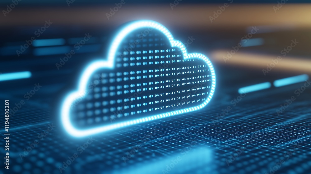 Poster digital cloud icon with neon dots representation on blue background for technology or data concept
