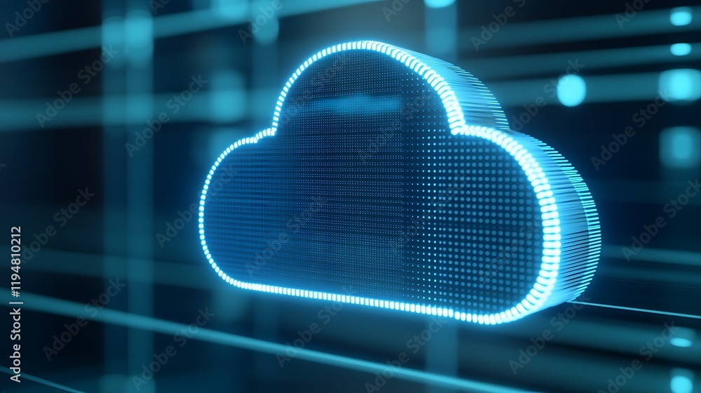 Poster Digital Cloud Icon with Neon Glow and Futuristic Background for Technology and Data Storage Concepts