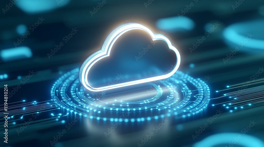 Poster digital cloud icon with neon glow and abstract circuits in background for technology and innovation 