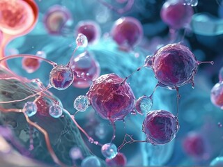 Colorful microscopic view of cells and molecules interacting in a vibrant environment