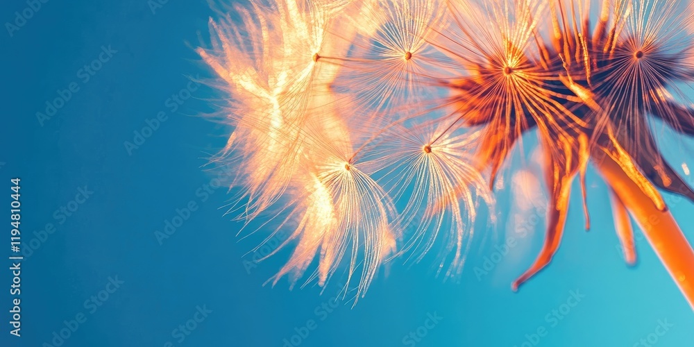 Poster delicate dandelion seeds illuminated by warm sunlight with a vibrant blue background and ample copy 