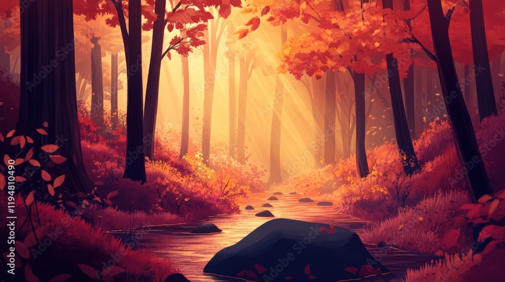 Poster autumn forest scene with warm light streaming through the trees and a stream