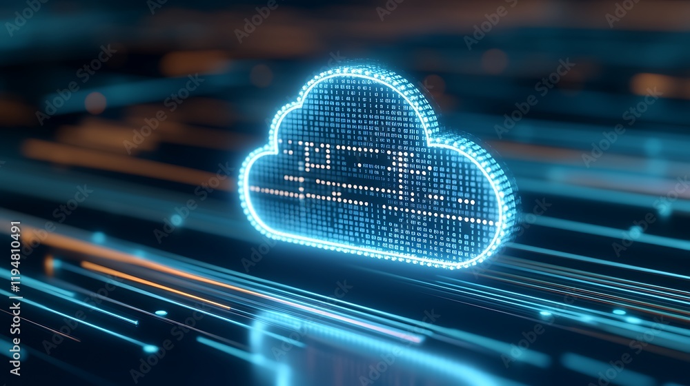 Poster digital cloud icon with neon lights and data streams representing technology and connectivity concep