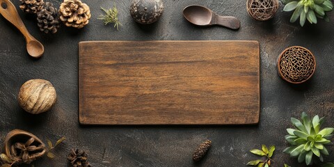 Wooden board centered, surrounded by decorative items in earthy tones including pinecones, stones, and wooden spoons, creating a rustic aesthetic.
