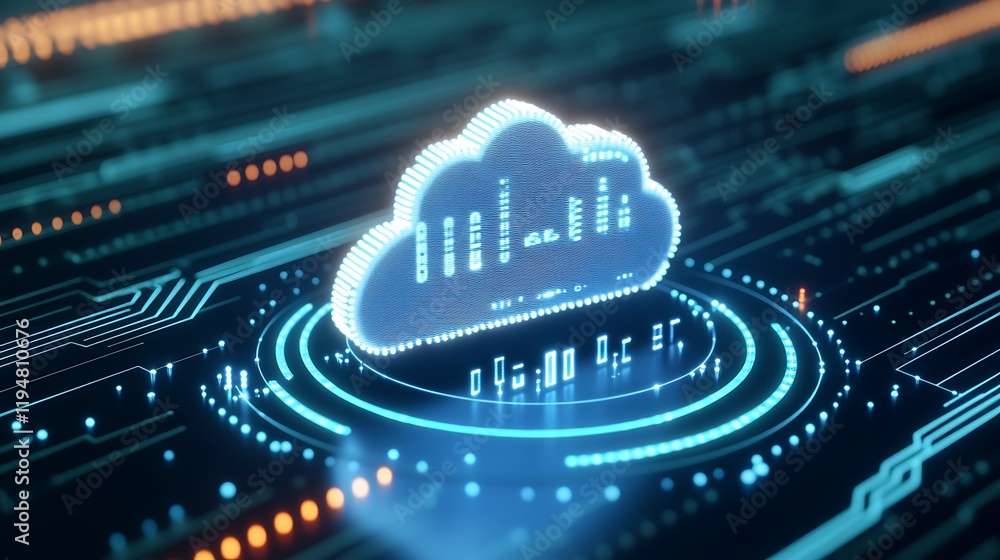 Poster digital cloud illustration with circuitry design and data visualization elements for technology conc
