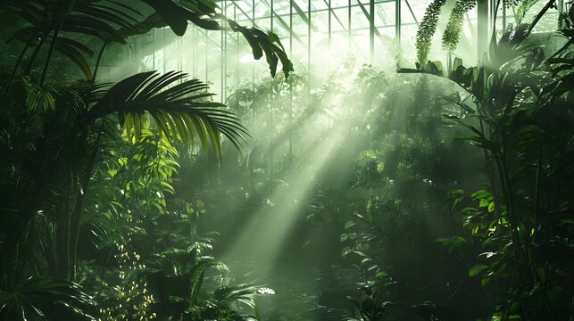 A greenhouse filled with various plants, with a misty environment highlighting the effects of natural transpiration contributing to high humidity levels. 
