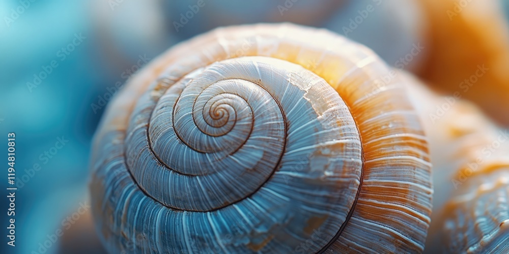 Poster close-up of colorful spiral snail shell with soft blue and orange hues in background highlighting in