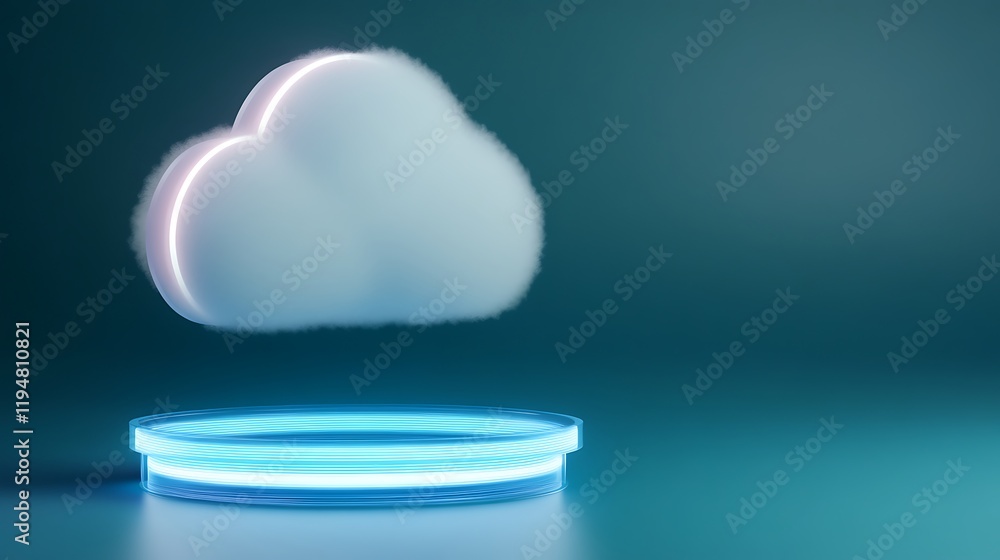 Poster digital cloud illustration with neon glow on abstract platform in modern background