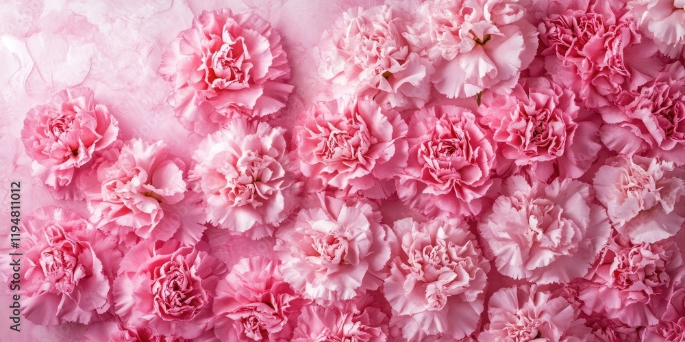 Poster pink carnation flowers in varying shades create a soft textured background, with clusters arranged i