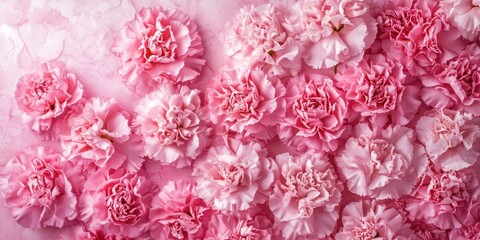 Fototapeta premium Pink carnation flowers in varying shades create a soft textured background, with clusters arranged in a dense pattern across the canvas.