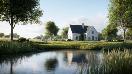 Fototapeta premium A serene house by a pond, surrounded by lush greenery.