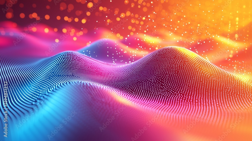 Poster abstract wave patterns with colorful lights and dots in motion