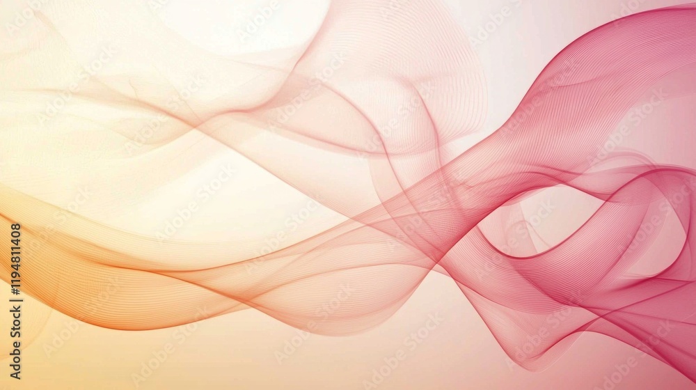 Poster waves of soft, flowing lines merge in shades of warm pink and orange, evoking a serene dusk atmosphe