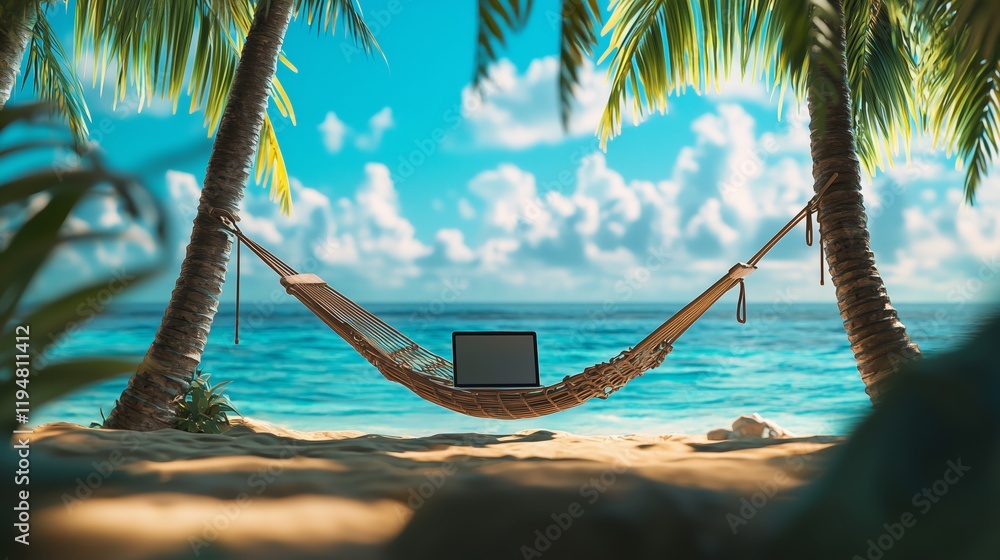 Poster relaxing beach vibes with a laptop in a hammock under palm trees