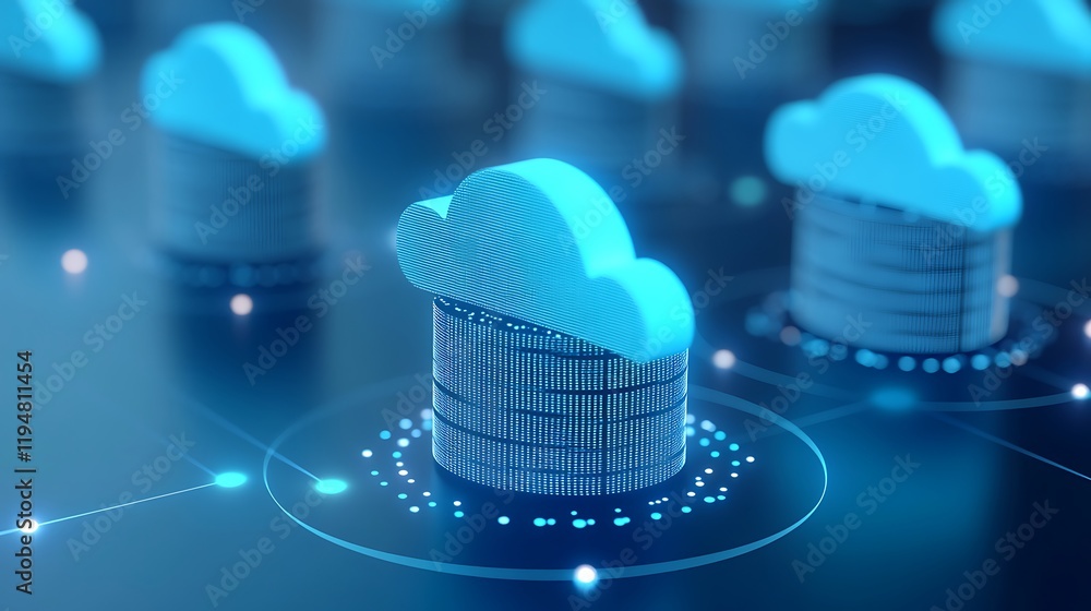 Poster digital cloud storage concept with blue clouds and data visualization on futuristic background