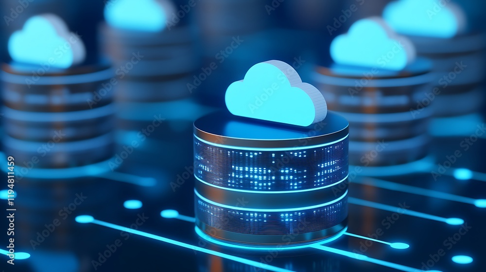 Poster digital cloud storage concept with blue elements and abstract database design in modern technology e