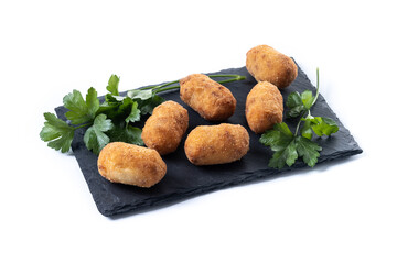 Fried cod croquettes isolated on white background. Traditional spanish food