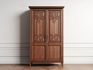 Tall wooden wardrobe cabinet with intricate textured carvings, perfect for stylish storage