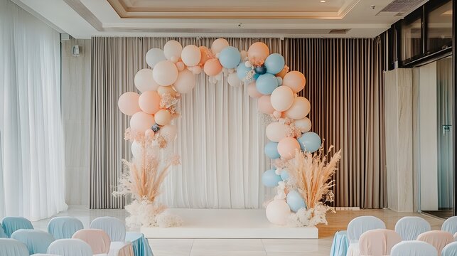 A minimalistic balloon arch featuring a mix of muted pastel colors and simple geometric arrangements, providing a subtle yet striking decorative element. 