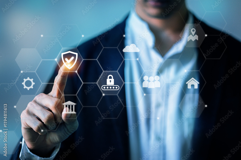 Poster a businessperson interacting with holographic icons for secure communication and data management.