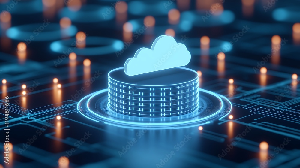 Poster digital cloud storage concept with circular platform and network connections in futuristic technolog