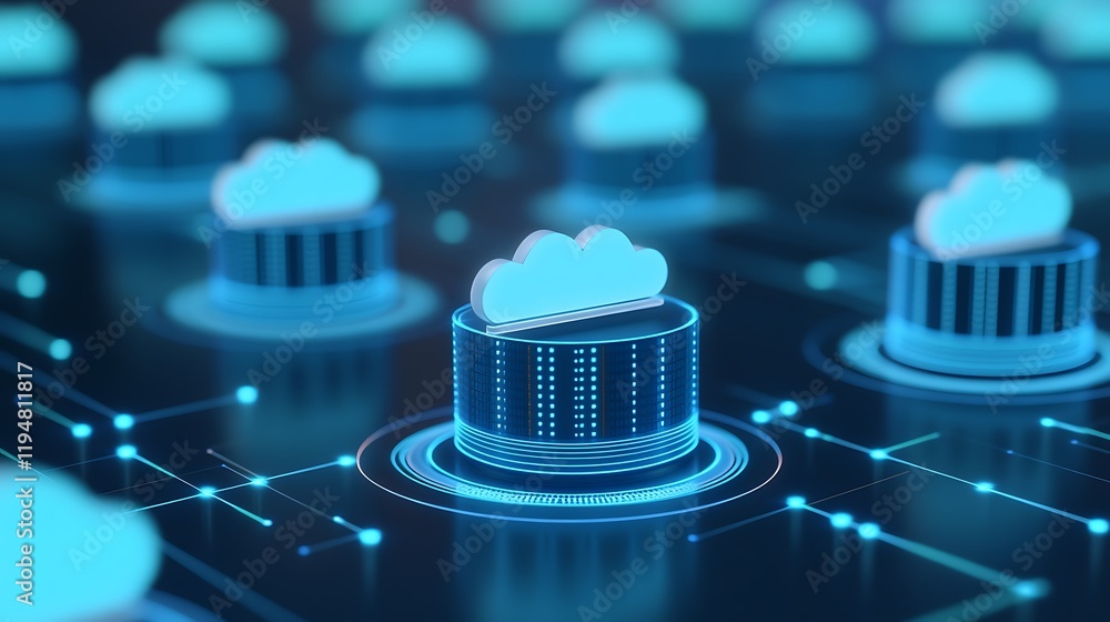 Poster digital cloud storage concept with data nodes representing cloud computing and network connections