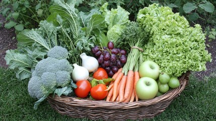 Іти на сторінку
|12345...56Далі
A wicker basket filled with fresh vegetables and fruits, including broccoli, carrots, tomatoes, lettuce, grapes, apples, onions, and cabbage, arranged in a lush outdoor