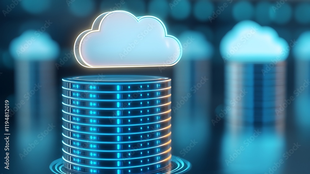 Poster digital cloud storage concept with data stacks and neon elements for technology and business applica