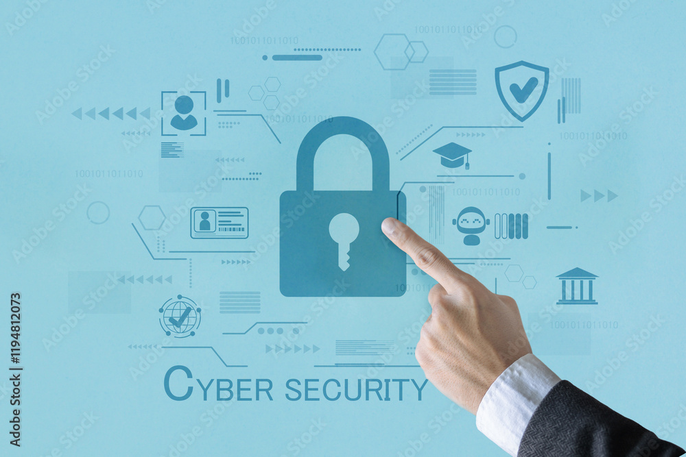 Poster a hand pointing to a large digital lock, representing cybersecurity and data protection.