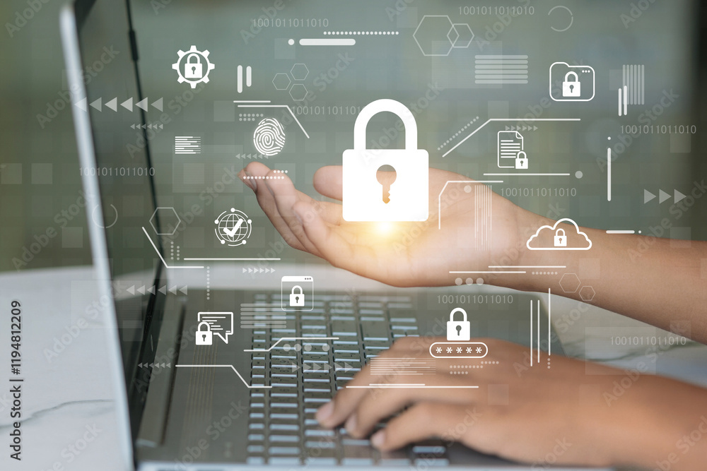 Poster a person is holding a laptop with a key on it. the key is on the screen and surrounded by other secu