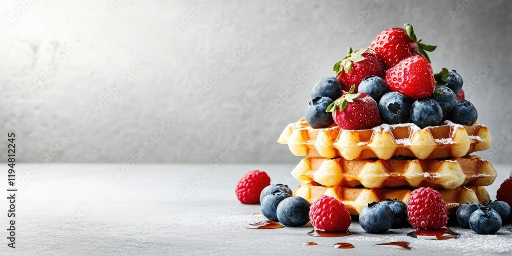 Poster stack of golden waffles topped with fresh blueberries raspberries and strawberries against a texture