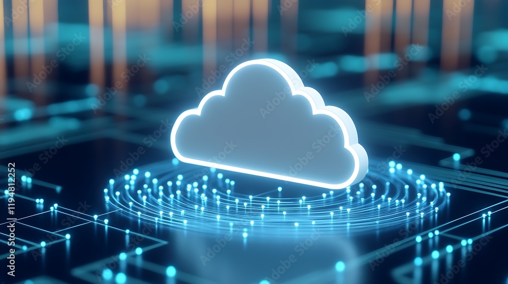 Poster digital cloud storage concept with futuristic background and blue neon glow for technology and netwo