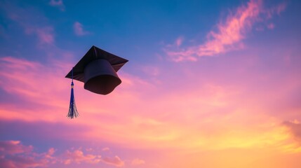 A graduation cap soaring high against a sunset sky, Graduation season theme, Inspirational style