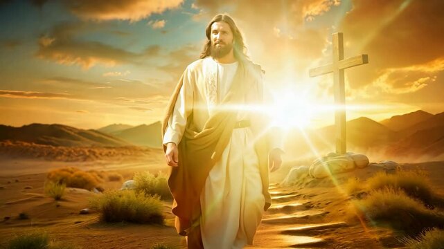 Jesus Christ dressed in a white robe walking with sun rays effect