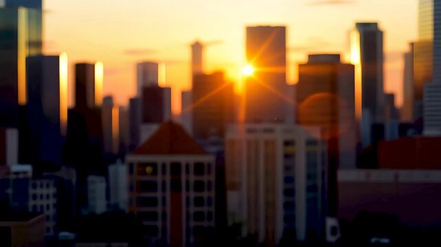 夕暮れの高層ビル群とオレンジ色の玉ボケ