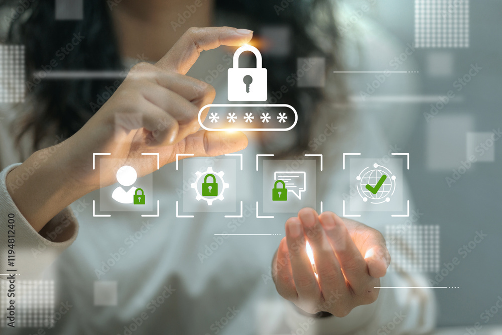 Poster user interacting with advanced cybersecurity systems, showcasing password protection and digital acc