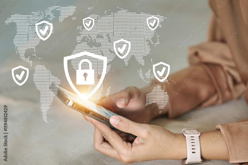 Poster a person is holding a cell phone with a screen that shows a map of the world with a lot of security 