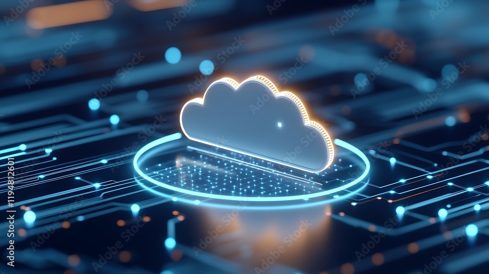 Poster digital cloud storage concept with neon lights, circuit board pattern and futuristic design elements