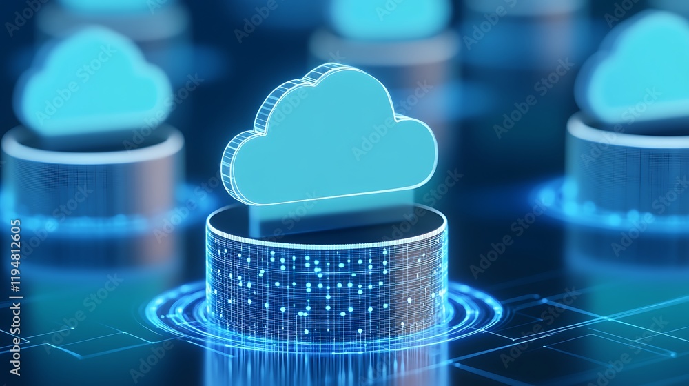 Poster digital cloud storage concept with neon elements and data circles on futuristic background